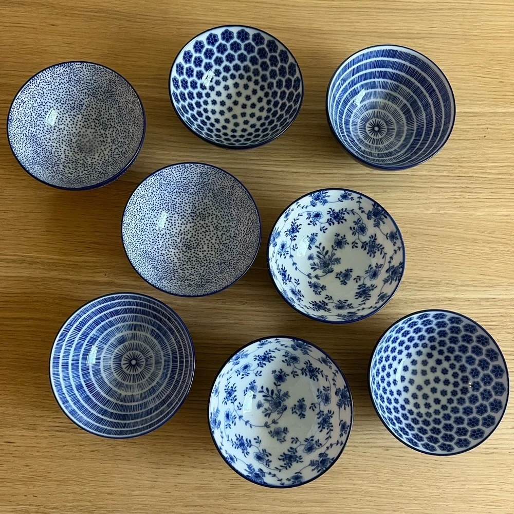 IKEA ENTUSIASM Patterned Blue Bowls, Set of 8, 4 ½” Diameter asian